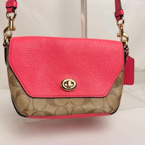 Coach Signature Canvas & Pebbled Leather Crossbody Bag Pink/Khaki, Gold Hardware - Picture 3 of 8